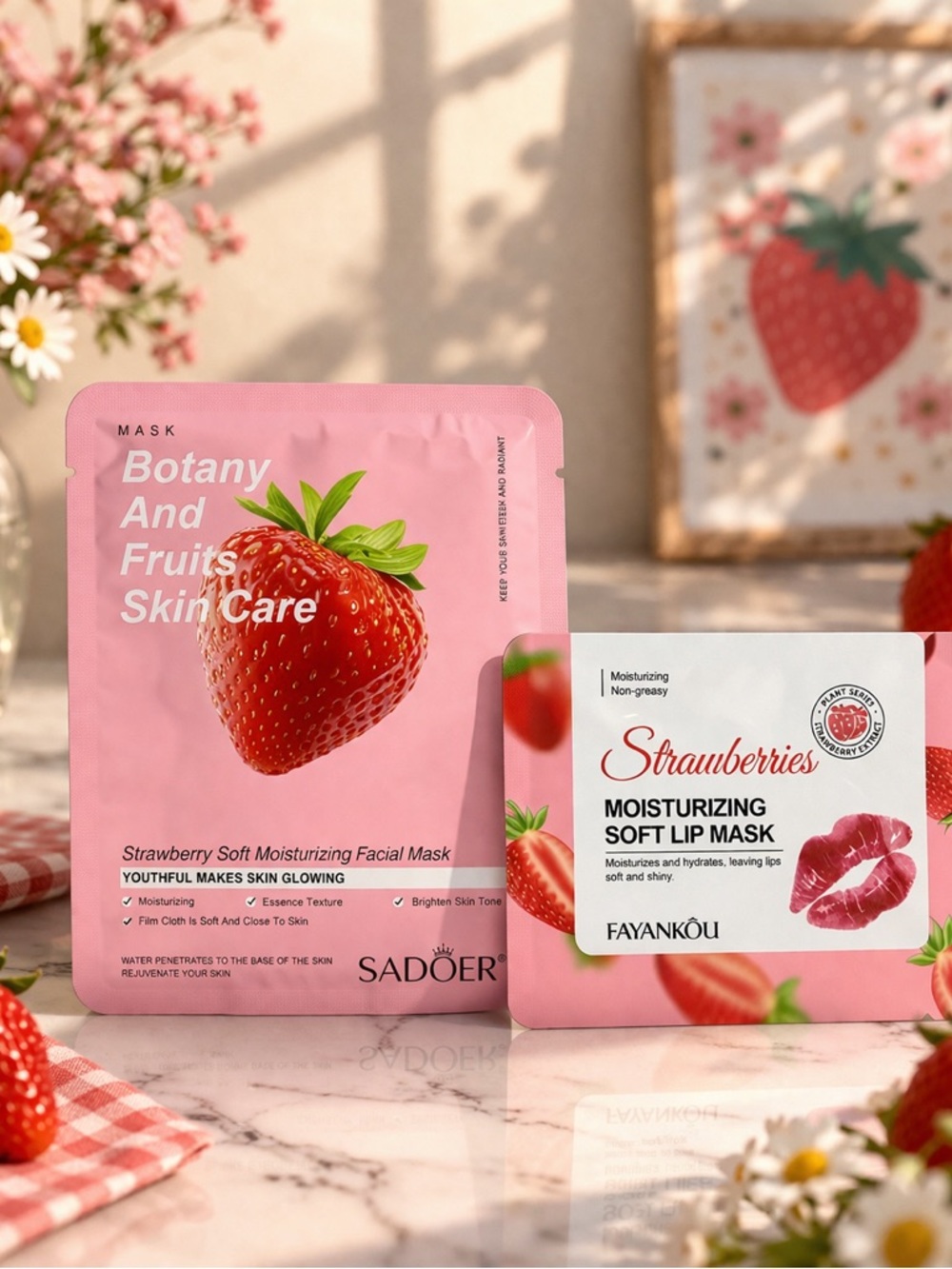 Strawberry Facial Mask & Lip Mask Duo - Pink